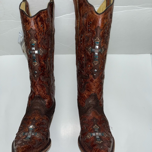 NEW Corral Vintage Brown Cowboy Boots Brown with Blue/ Beige Cross - Picture 1 of 10